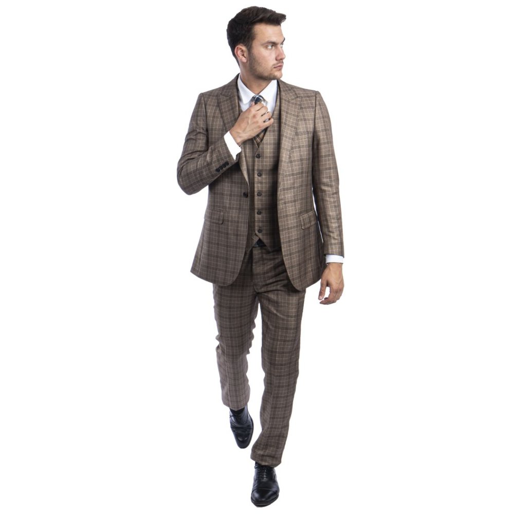 Brown Plaid 3pc Mens Slim Fit Suit by Tazio - Picture 4 of 4